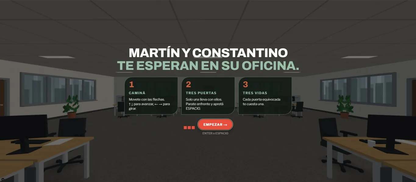 Pantalla de instrucciones con tres tarjetas: cómo caminar, las tres puertas y las tres vidas.